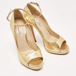 Oscar de la Renta Metallic Gold Python Embossed Peep Toe Ankle Strap Pumps Size 37.5