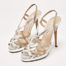 Oscar de la Renta Silver/Beige Leather and Canvas Strappy Platform Sandals Size 37