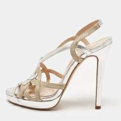 Oscar de la Renta Silver/Beige Leather and Canvas Strappy Platform Sandals Size 37