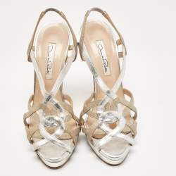 Oscar de la Renta Silver/Beige Leather and Canvas Strappy Platform Sandals Size 37