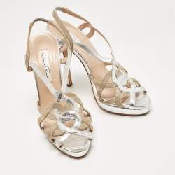 Oscar de la Renta Silver/Beige Leather and Canvas Strappy Platform Sandals Size 37