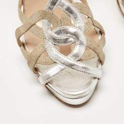 Oscar de la Renta Silver/Beige Leather and Canvas Strappy Platform Sandals Size 37