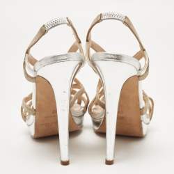 Oscar de la Renta Silver/Beige Leather and Canvas Strappy Platform Sandals Size 37