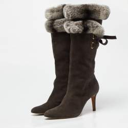 Pre Owned Oscar de la Renta Dark Grey Suede and Mink Fur Knee Length Boots Size 39