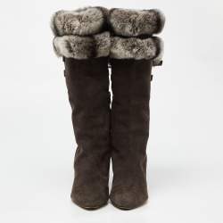 Pre Owned Oscar de la Renta Dark Grey Suede and Mink Fur Knee Length Boots Size 39