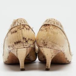 Pre Owned Oscar de la Renta Beige Water Snake And Raffia Pointed Toe Pumps Size 37