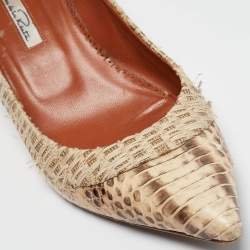 Pre Owned Oscar de la Renta Beige Water Snake And Raffia Pointed Toe Pumps Size 37