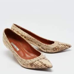 Pre Owned Oscar de la Renta Beige Water Snake And Raffia Pointed Toe Pumps Size 37