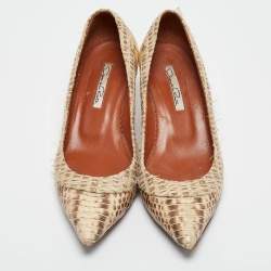 Pre Owned Oscar de la Renta Beige Water Snake And Raffia Pointed Toe Pumps Size 37