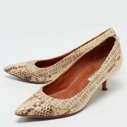 Pre Owned Oscar de la Renta Beige Water Snake And Raffia Pointed Toe Pumps Size 37