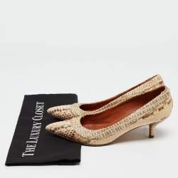 Pre Owned Oscar de la Renta Beige Water Snake And Raffia Pointed Toe Pumps Size 37