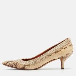 Pre Owned Oscar de la Renta Beige Water Snake And Raffia Pointed Toe Pumps Size 37