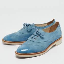 Pre Owned Oscar de la Renta Blue Suede Lace Up Oxfords Size 37