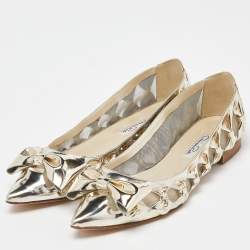 Pre Owned Oscar de la Renta Gold Patent Leather and Mesh Bow Ballet Flats Size 40