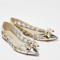 Pre Owned Oscar de la Renta Gold Patent Leather and Mesh Bow Ballet Flats Size 40