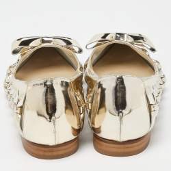 Pre Owned Oscar de la Renta Gold Patent Leather and Mesh Bow Ballet Flats Size 40
