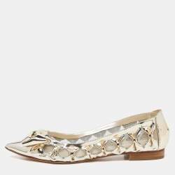 Pre Owned Oscar de la Renta Gold Patent Leather and Mesh Bow Ballet Flats Size 40