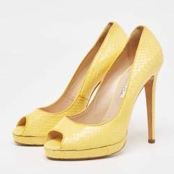 Oscar de la Renta Yellow Python Leather Peep Toe Platform Pumps Size 40.5