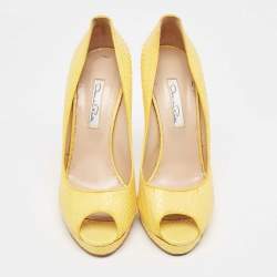 Oscar de la Renta Yellow Python Leather Peep Toe Platform Pumps Size 40.5