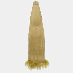 Pre Owned Oseree Gold Lurex Knit Ostrich Feather Detail Halter Neck Midi Dress M
