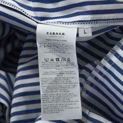 P.A.R.O.S.H Blue Striped Cotton Bow Sleeveless Ruffle Hem Dress L