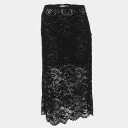 Pre Owned Paco Rabanne Black Floral Lace Midi Skirt S