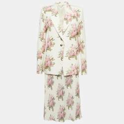 Paco Rabanne Cream Rose Print Cotton and Plisse Skirt Suit M/L