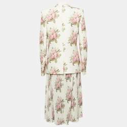 Paco Rabanne Cream Rose Print Cotton and Plisse Skirt Suit M/L
