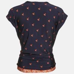 Pre Owned Paco Rabanne Navy Blue Printed Jersey Knot Detail Top S