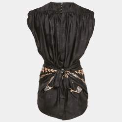 Pre Owned Paco Rabanne Black Printed Satin Tie-Back Top M