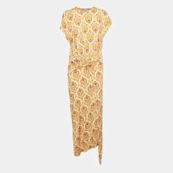 Pre Owned Paco Rabanne Orange Printed Jersey Draped Long Dress L