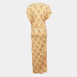 Pre Owned Paco Rabanne Orange Printed Jersey Draped Long Dress L