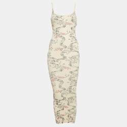 Paco Rabbane Cream Floral Print Rib Knit Midi Dress M