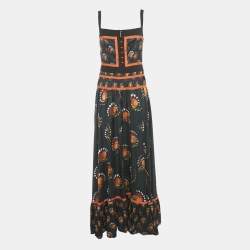 Pre Owned Paco Rabbane Black Printed Satin Flared Maxi Dress L