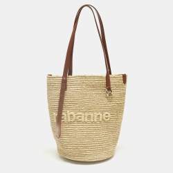 Pre Owned حقيبة باكو رابان شعار مطرز جلد بني / كريمة ورافيا