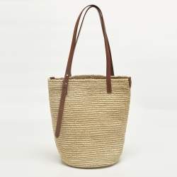 Pre Owned حقيبة باكو رابان شعار مطرز جلد بني / كريمة ورافيا