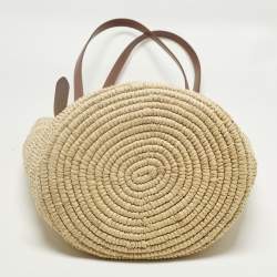 Pre Owned حقيبة باكو رابان شعار مطرز جلد بني / كريمة ورافيا