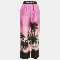 Palm Angels Pink Printed Satin Logo Waist Detail Trousers S