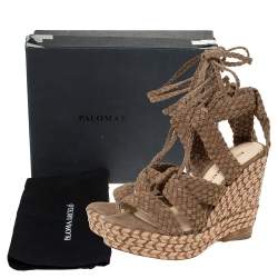 Pre Owned Paloma Barceló Beige Woven Suede Ankle Wrap Espadrille Platform Wedge Sandals Size 38
