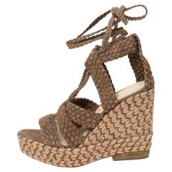 Pre Owned Paloma Barceló Beige Woven Suede Ankle Wrap Espadrille Platform Wedge Sandals Size 38