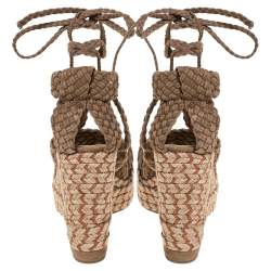 Pre Owned Paloma Barceló Beige Woven Suede Ankle Wrap Espadrille Platform Wedge Sandals Size 38