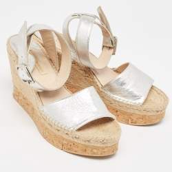Pre Owned Paloma Barceló Silver Leather Wedge Ankle Strap Sandals Size 41