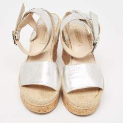 Pre Owned Paloma Barceló Silver Leather Wedge Ankle Strap Sandals Size 41