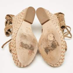 Pre Owned Paloma Barceló Brown Woven Suede Ankle Wrap Espadrille Wedge Sandals Size 38