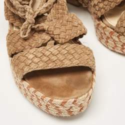 Pre Owned Paloma Barceló Brown Woven Suede Ankle Wrap Espadrille Wedge Sandals Size 38