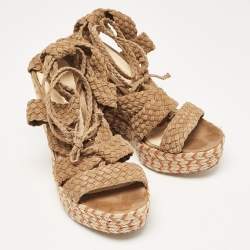 Pre Owned Paloma Barceló Brown Woven Suede Ankle Wrap Espadrille Wedge Sandals Size 38
