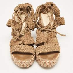 Pre Owned Paloma Barceló Brown Woven Suede Ankle Wrap Espadrille Wedge Sandals Size 38