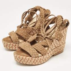 Pre Owned Paloma Barceló Brown Woven Suede Ankle Wrap Espadrille Wedge Sandals Size 38