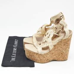 Pre Owned Paloma Barceló Beige Raffia Cork Platform Wedge Sandals Size 41