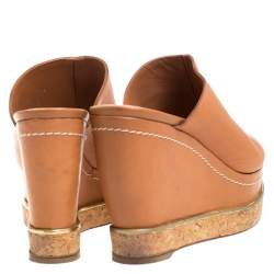 Paloma Barcelo Tan Leather Mule Platform Wedge Sandals Size 39